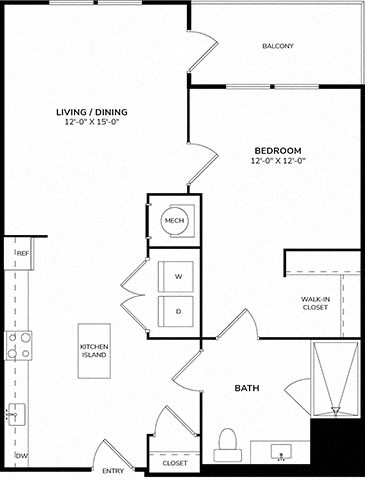 Floor plan for 1 bed, 1 bath, 753 sqft