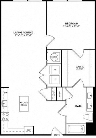 Floor plan for 1 bed, 1 bath, 904 sqft