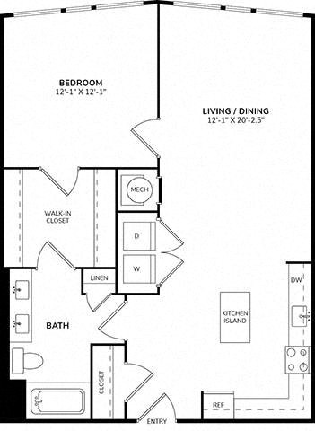 Floor plan for 1 bed, 1 bath, 838 sqft
