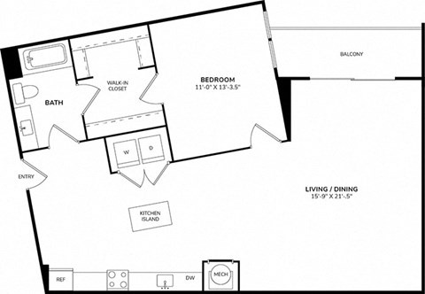 Floor plan for 1 bed, 1 bath, 977 sqft
