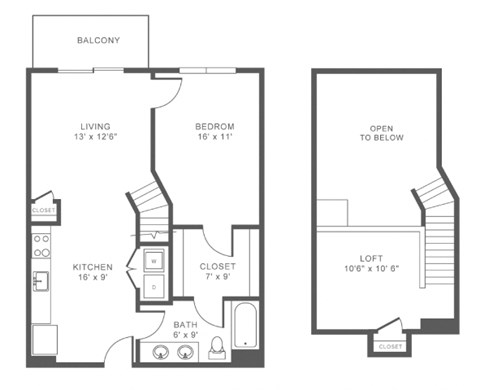 Floor plan for 1 bed, 1 bath, 917 sqft