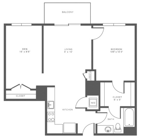 Floor plan for 1 bed, 1 bath, 934 sqft