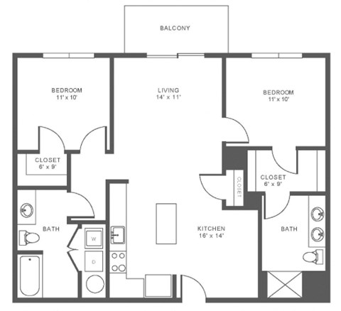 Floor plan for 2 beds, 2 baths, 1105 sqft