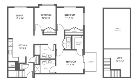 Floor plan for 3 beds, 2 baths, 1388 sqft