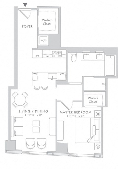 Floor plan for 1 bed, 1 bath, 789 sqft