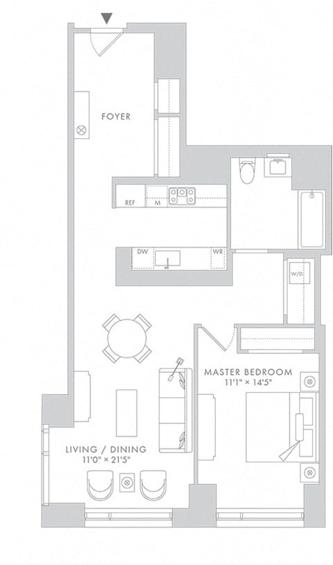 Floor plan for 1 bed, 1 bath, 962 sqft