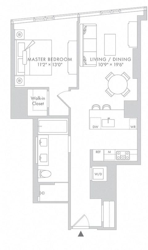 Floor plan for 1 bed, 1 bath, 873 sqft