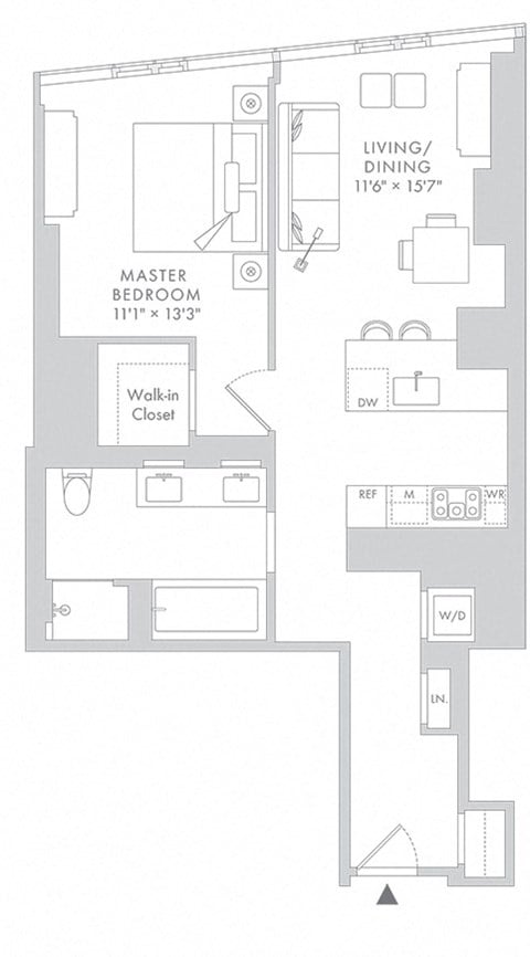 Floor plan for 1 bed, 1 bath, 896 sqft