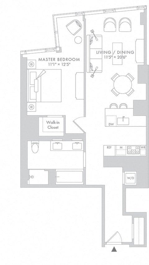 Floor plan for 1 bed, 1 bath, 903 sqft