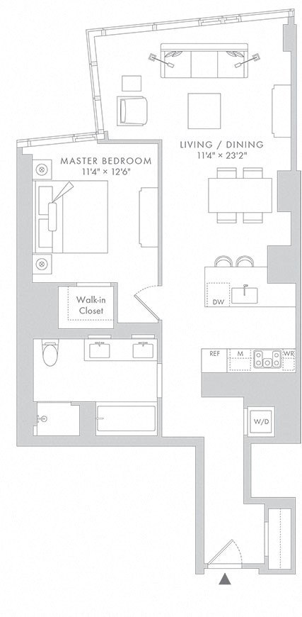 Floor plan for 1 bed, 1 bath, 978 sqft