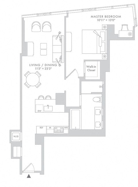 Floor plan for 1 bed, 1 bath, 949 sqft