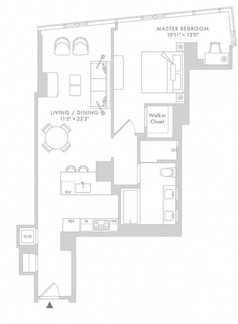 Floor plan for 1 bed, 1 bath, 958 sqft