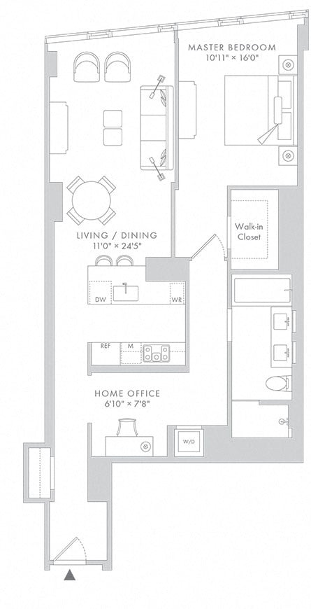 Floor plan for 1 bed, 1 bath, 1057 sqft