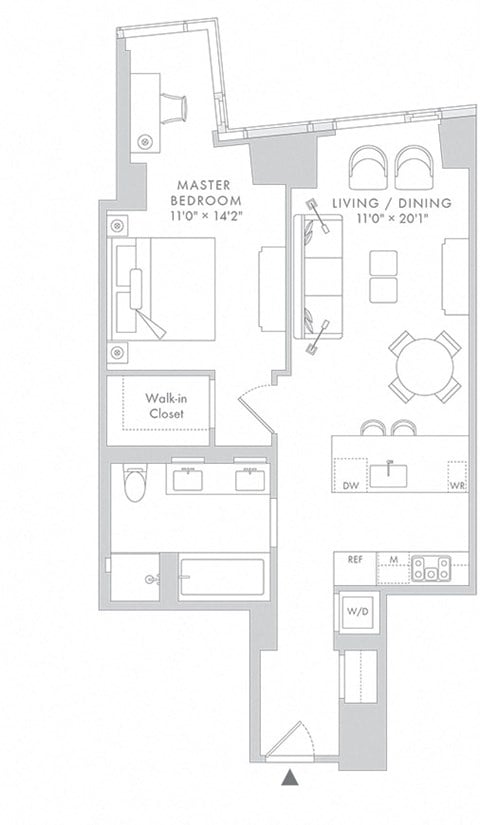 Floor plan for 1 bed, 1 bath, 888 sqft