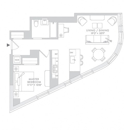 Floor plan for 1 bed, 1 bath, 812 sqft