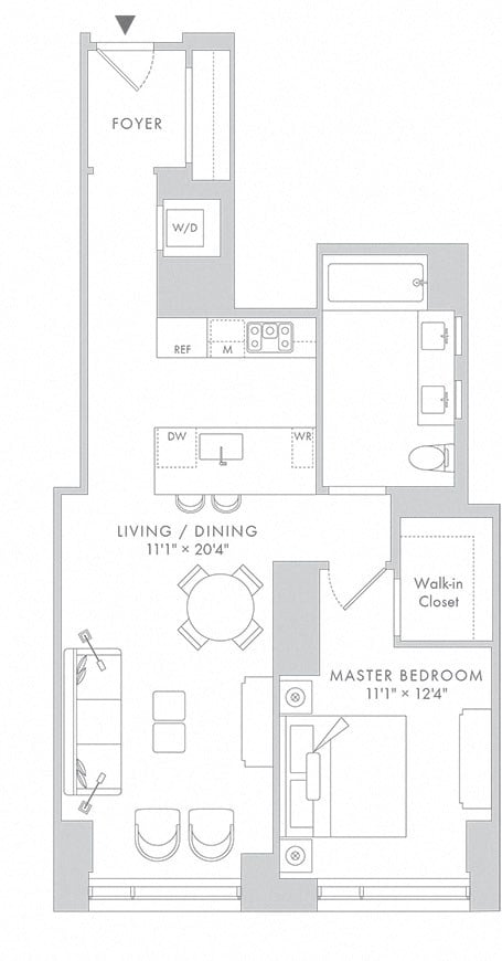 Floor plan for 1 bed, 1 bath, 862 sqft
