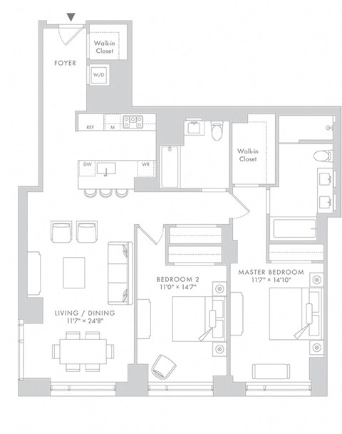 Floor plan for 2 beds, 2 baths, 1448 sqft