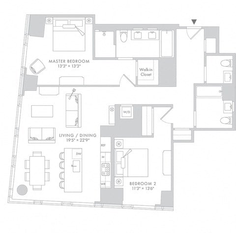 Floor plan for 2 beds, 2.5 baths, 1398 sqft