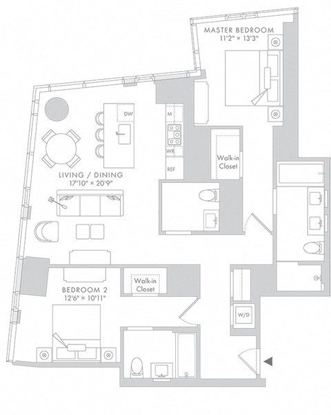 Floor plan for 2 beds, 2.5 baths, 1245 sqft