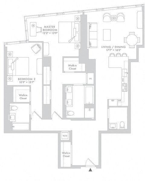 Floor plan for 2 beds, 2.5 baths, 1684 sqft