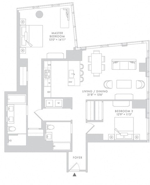 Floor plan for 2 beds, 2 baths, 1444 sqft