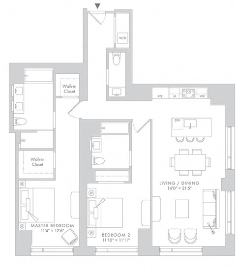 Floor plan for 2 beds, 2.5 baths, 1500 sqft