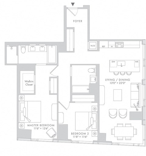 Floor plan for 2 beds, 2 baths, 1276 sqft