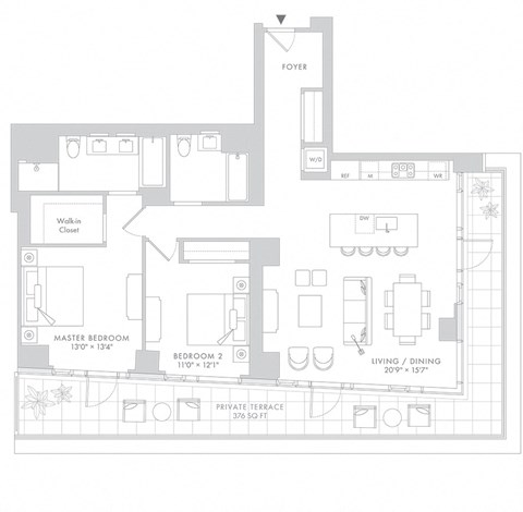 Floor plan for 2 beds, 2 baths, 1399 sqft