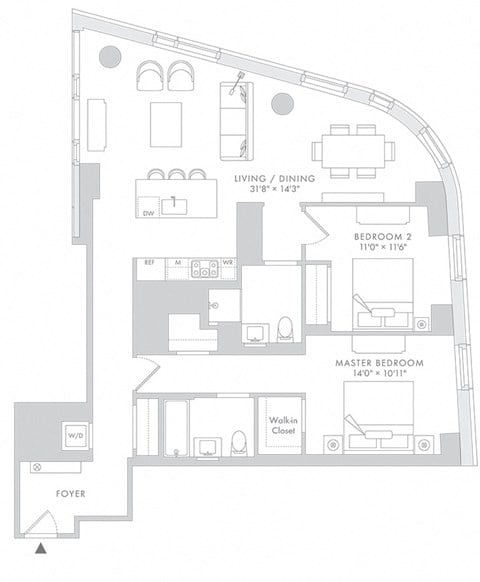 Floor plan for 2 beds, 2 baths, 1434 sqft