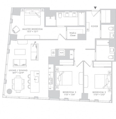 Floor plan for 3 beds, 2.5 baths, 1557 sqft