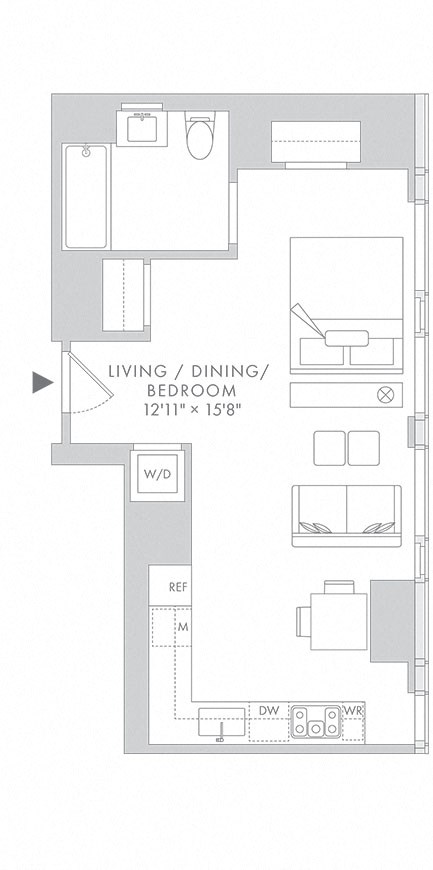 Floor plan for studio, 1 bath, 534 sqft