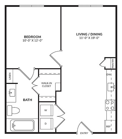 Floor plan for 1 bed, 1 bath, 604 sqft