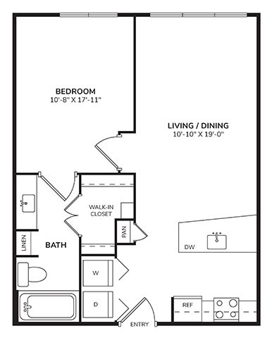 Floor plan for 1 bed, 1 bath, 673 sqft