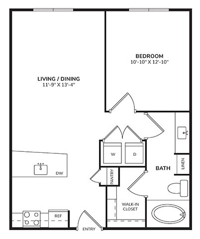 Floor plan for 1 bed, 1 bath, 702 sqft
