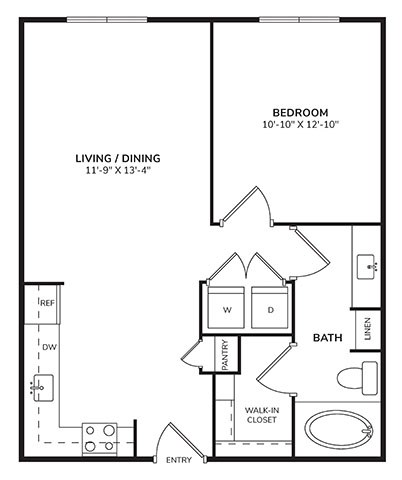 Floor plan for 1 bed, 1 bath, 702 sqft