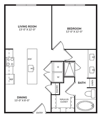 Floor plan for 1 bed, 1 bath, 828 sqft