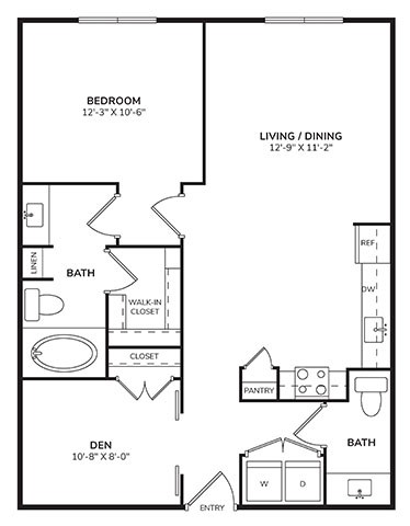 Floor plan for 1 bed, 1.5 baths, 908 sqft