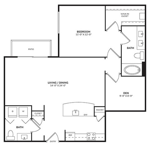 Floor plan for 1 bed, 1.5 baths, 1056 sqft