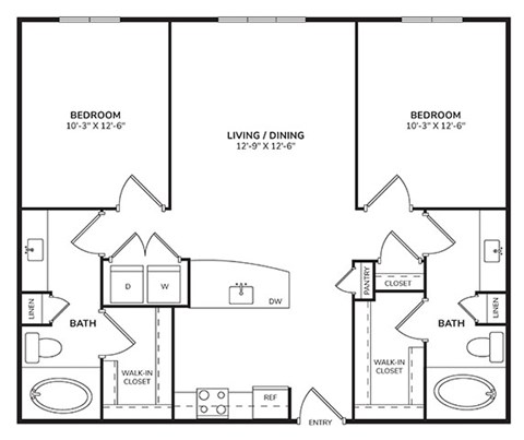 Floor plan for 2 beds, 2 baths, 1051 sqft