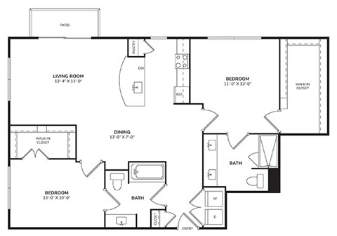 Floor plan for 2 beds, 2 baths, 1263 sqft