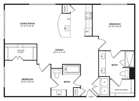 Floor plan for 2 beds, 2 baths, 1199 sqft