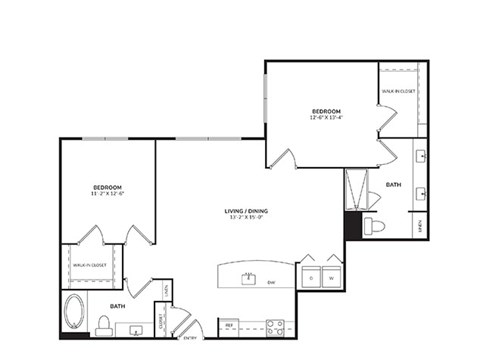 Floor plan for 2 beds, 2 baths, 1193 sqft