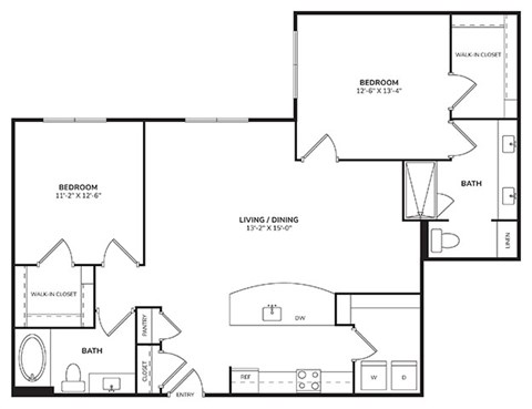 Floor plan for 2 beds, 2 baths, 1229 sqft