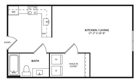 Floor plan for studio, 1 bath, 588 sqft