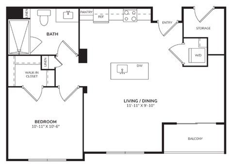Floor plan for 1 bed, 1 bath, 676 sqft