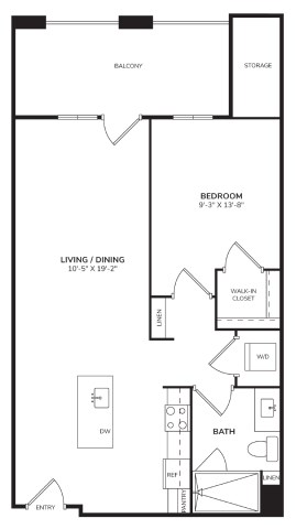 Floor plan for 1 bed, 1 bath, 715 sqft