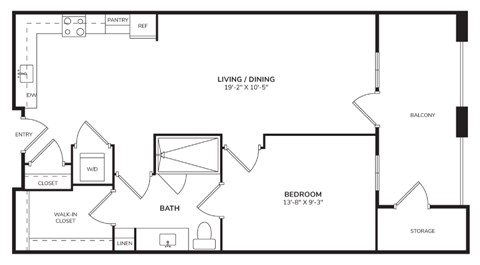 Floor plan for 1 bed, 1 bath, 714 sqft