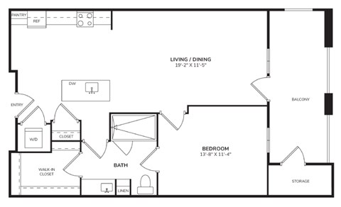 Floor plan for 1 bed, 1 bath, 779 sqft