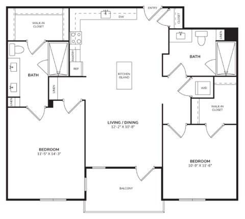 Floor plan for 2 beds, 2 baths, 1049 sqft