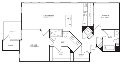 Floor plan for 2 beds, 2 baths, 1144 sqft